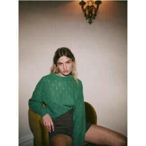 Naadam Sweater Womens Small Green Kelly Cashmere Pointelle Knit Crew Neck Luxury